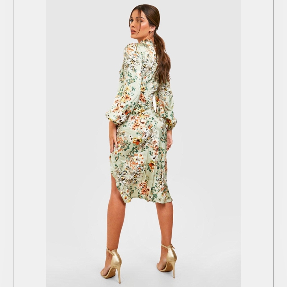 Floral Print High Neck Ruched Midi Dress Sage Green Fairycore Size 4 Boohoo - Picture 4 of 13